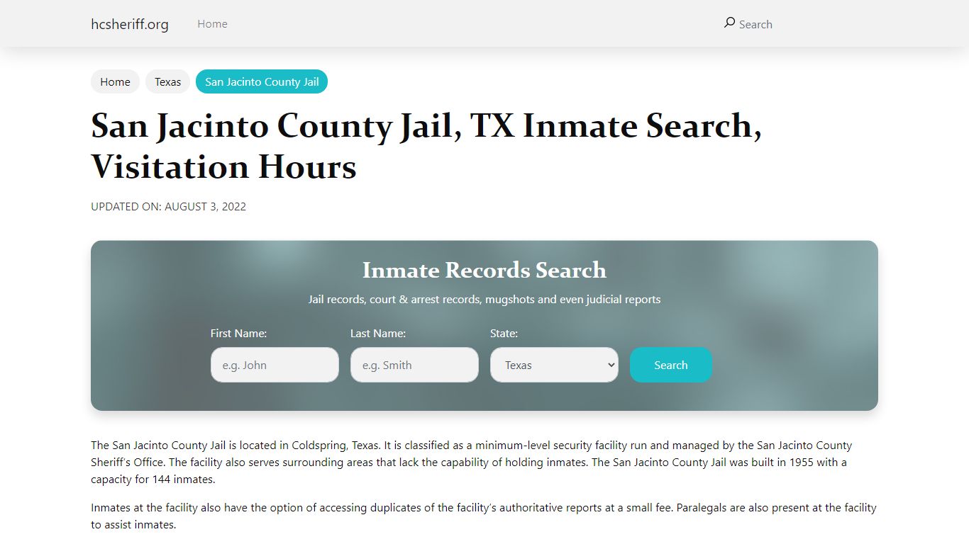 San Jacinto County Jail , TX Inmate Search, Visitation Hours